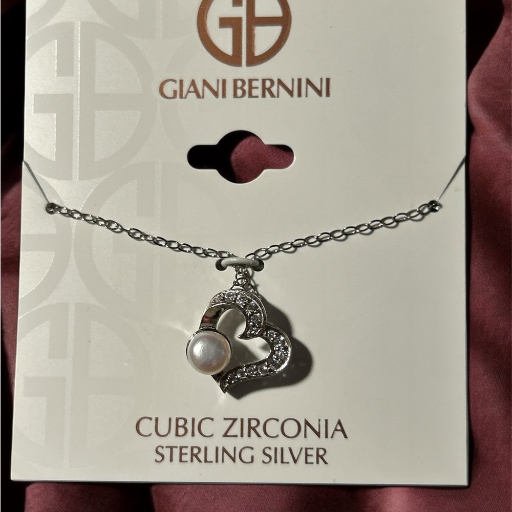 NWT Giani Bernini Sterling Silver Heart Necklace with Pearl and Cubic Zirconia